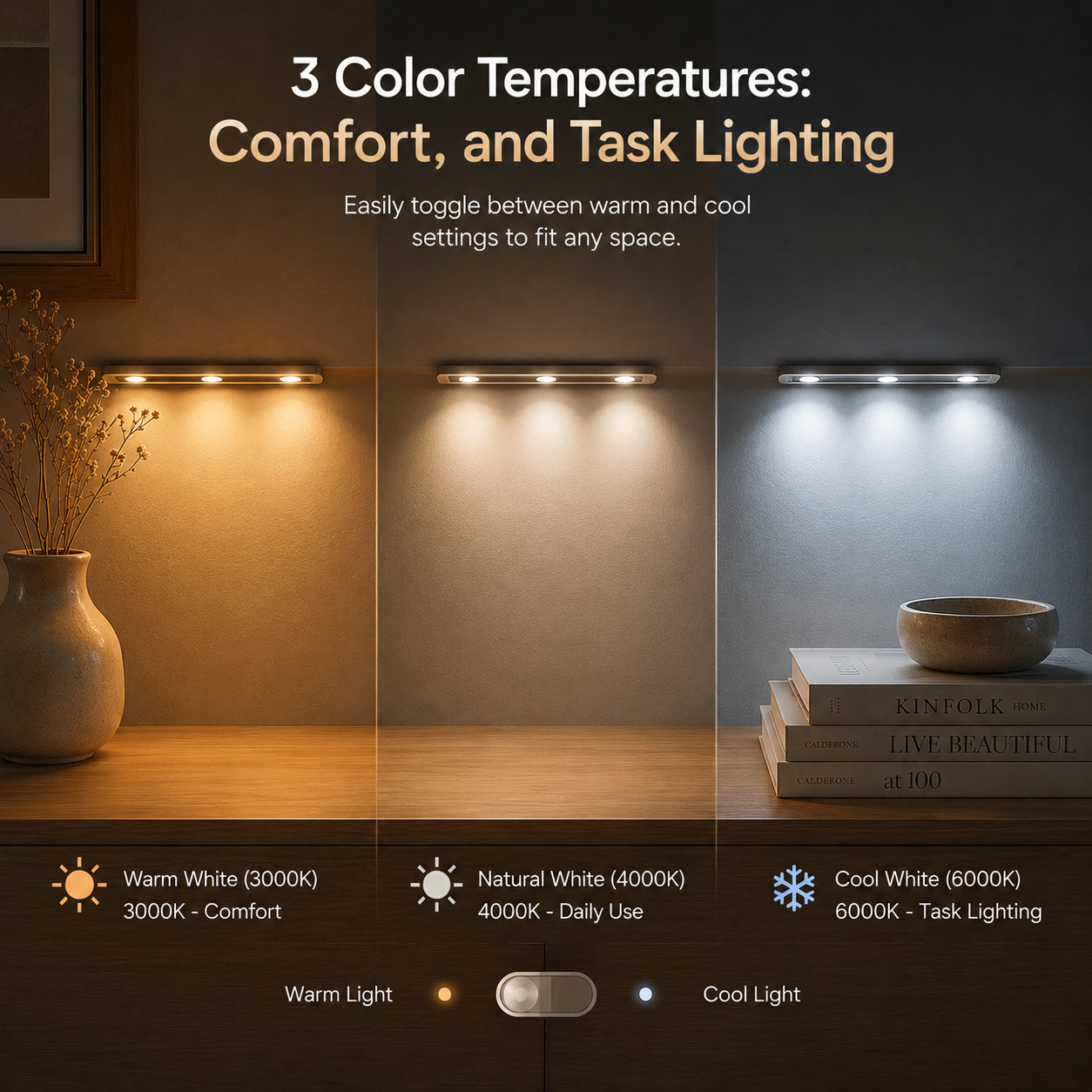 Motion Sensor Cabinet Light, Under Cupboard LED Sensor Light, 3 Colors Dimmable Rechargeable Stylish Mood Light, Magnetic for Closet, Wardrobe, Bedroom, Kitchen