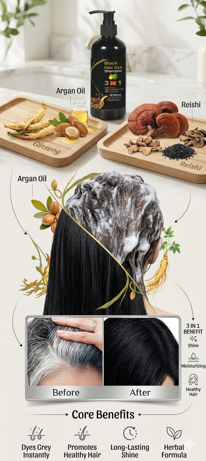 Unisex Instant Black Herbal Hair Dye Shampoo for Grey Hair Coverage 3 in 1(100ml)